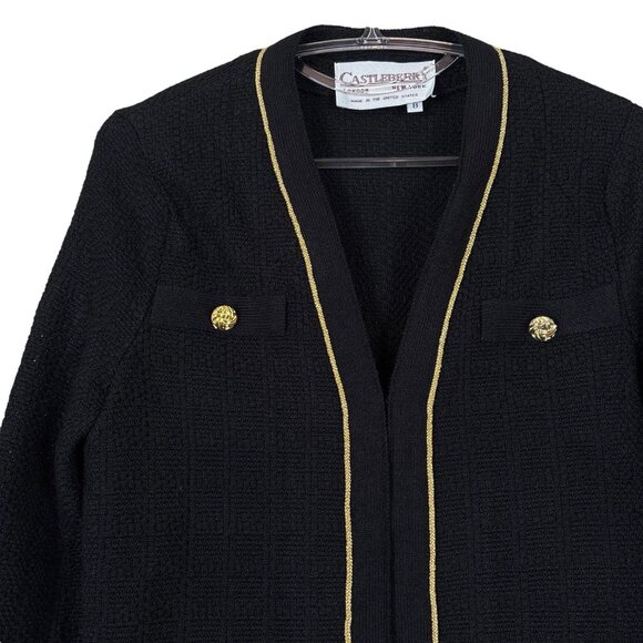 Vtg Castleberry Knit Open Front Cardigan Sweater Jacket Black Gold Trim Size 8 - Picture 3 of 10